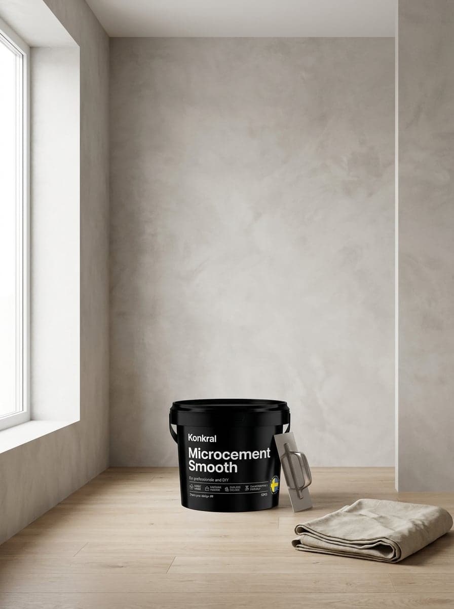 Konkral Microcement Smooth-hink med spackelstål mot en handlagd greige vägg