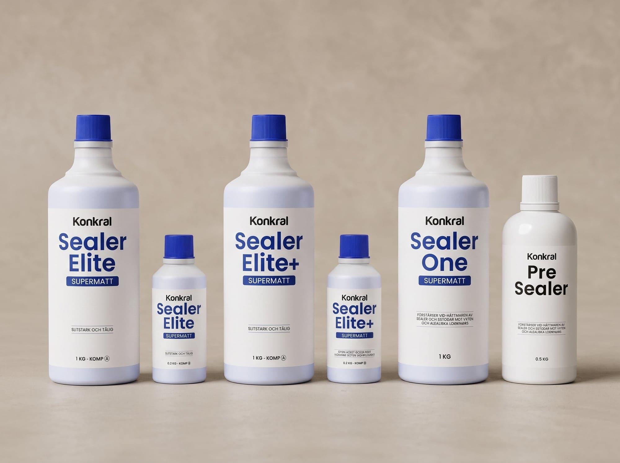Konkral Sealer Elite, Elite+, Sealer One och Pre Sealer uppradade mot en ljus beige microcementyta