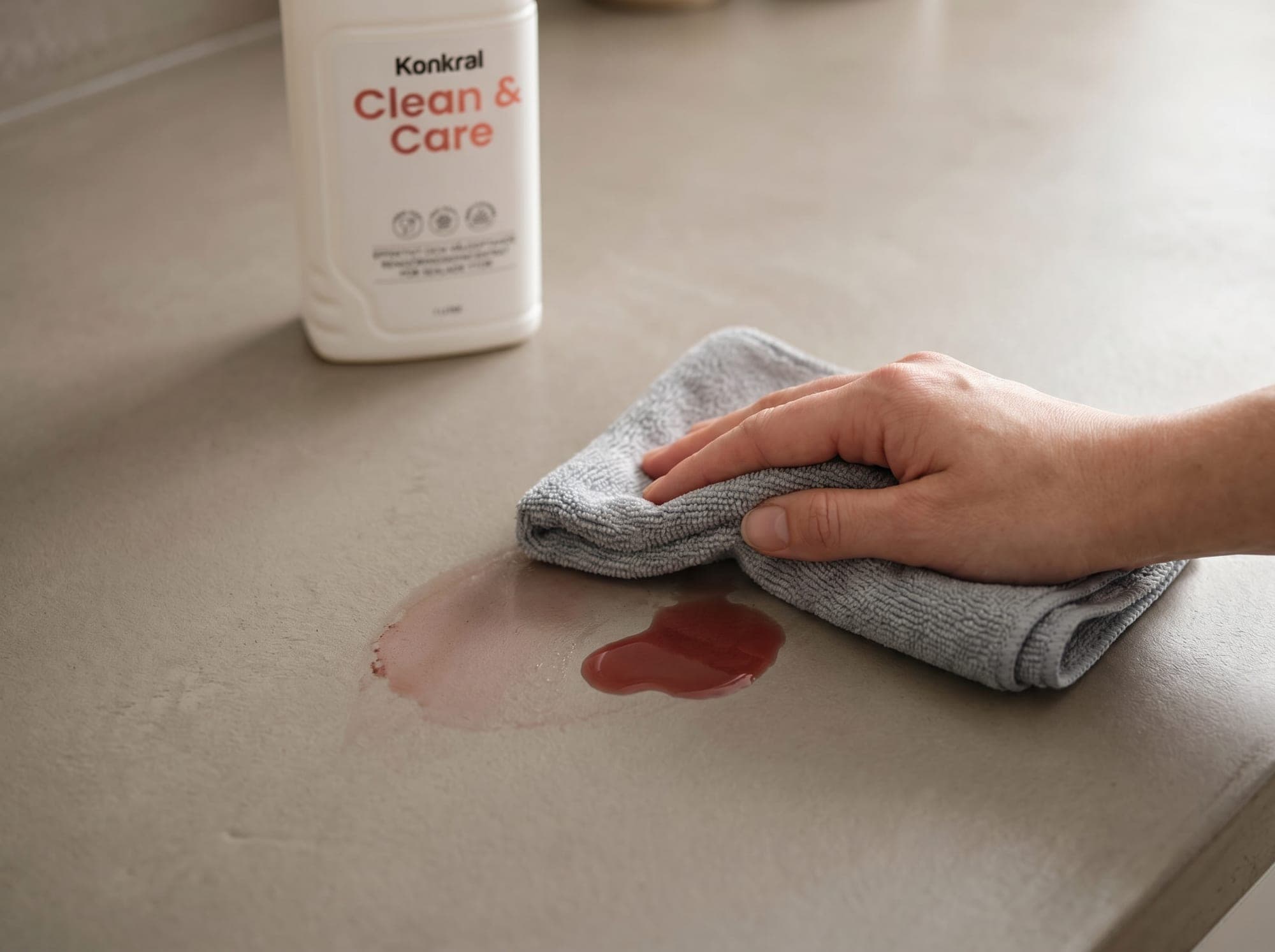 Ett vinspill torkas bort från en bänkskiva i microcement med en mikrofiberduk