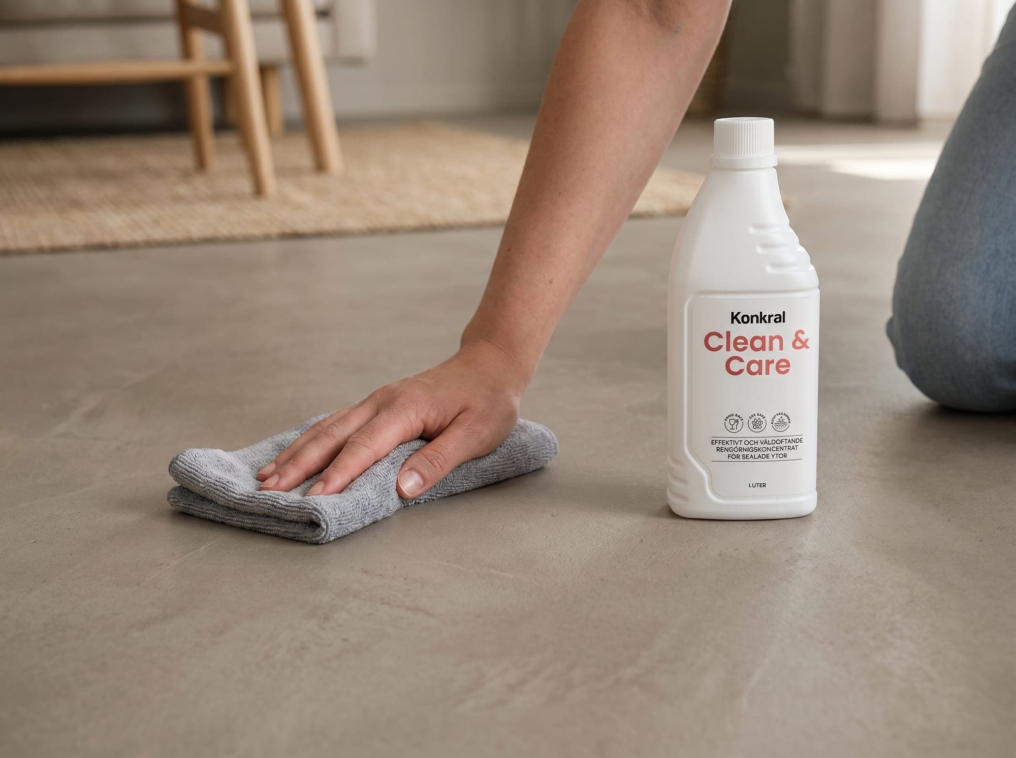 Hand torkar av ett golv i microcement med en mikrofiberduk, Konkral Clean & Care på golvet bredvid