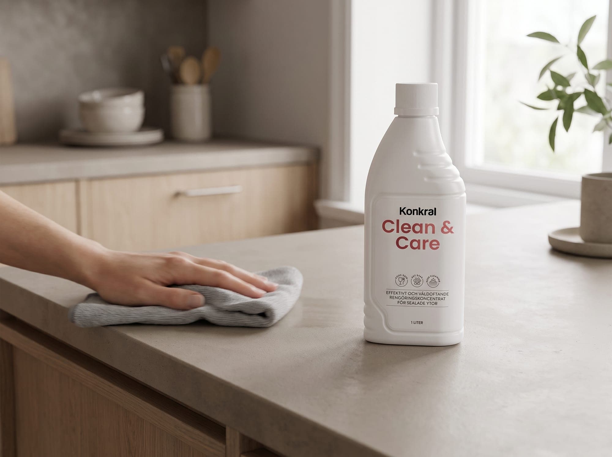 Bänkskiva i microcement torkas av med Konkral Clean & Care synlig på bänken
